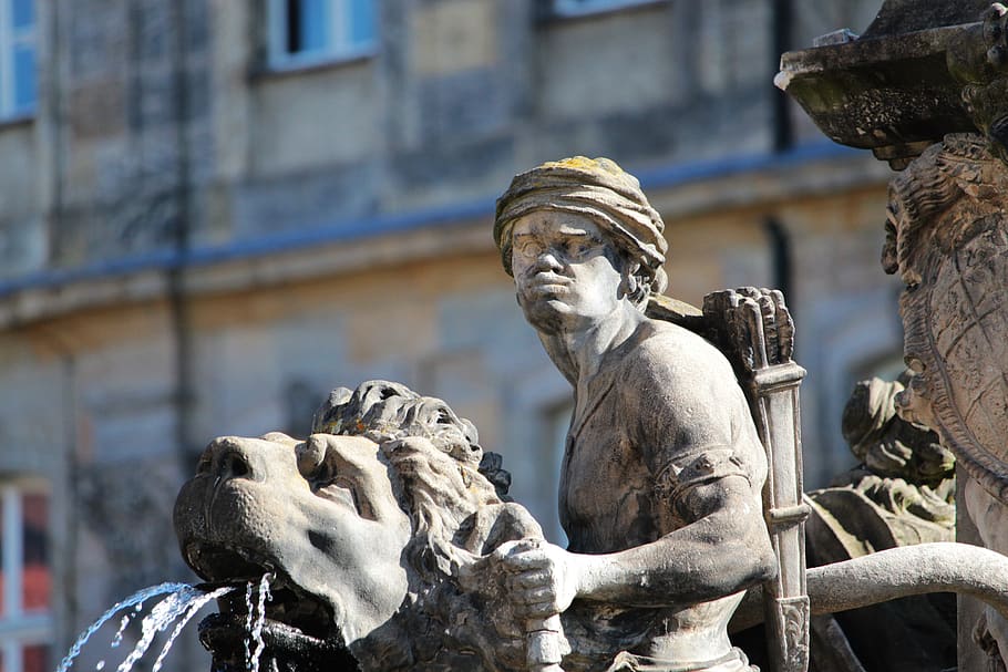 bayreuth, upper franconia, bavaria, fountain, sculpture, stone figure, germany, historically, historic center, building