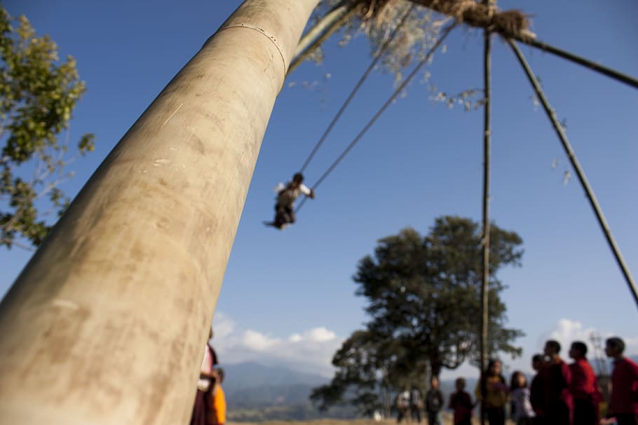 スイング, 竹, ロープ, 結ばれた, 子供, 遊ぶ, 楽しい, ネパール, 人々, 屋外