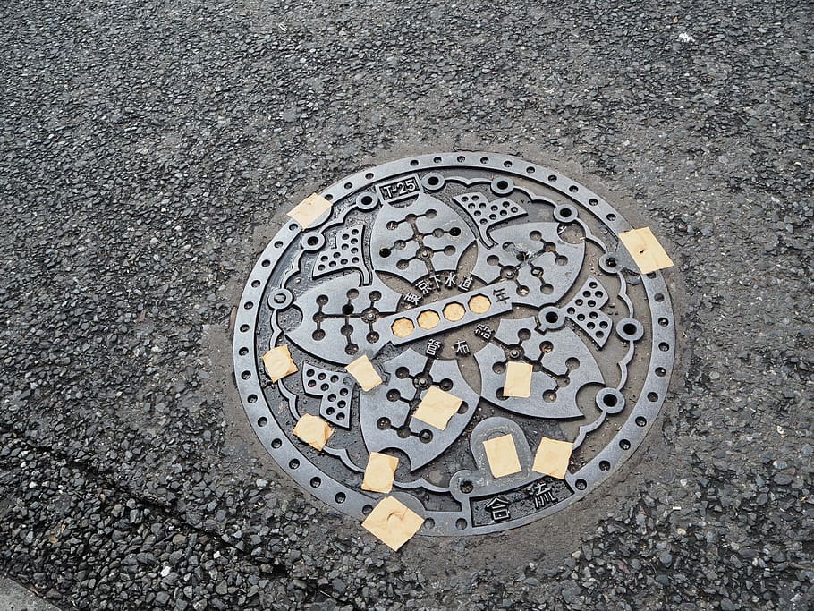 street, japan, tokyo, japanese, city, urban, high angle view, directly above, manhole, road