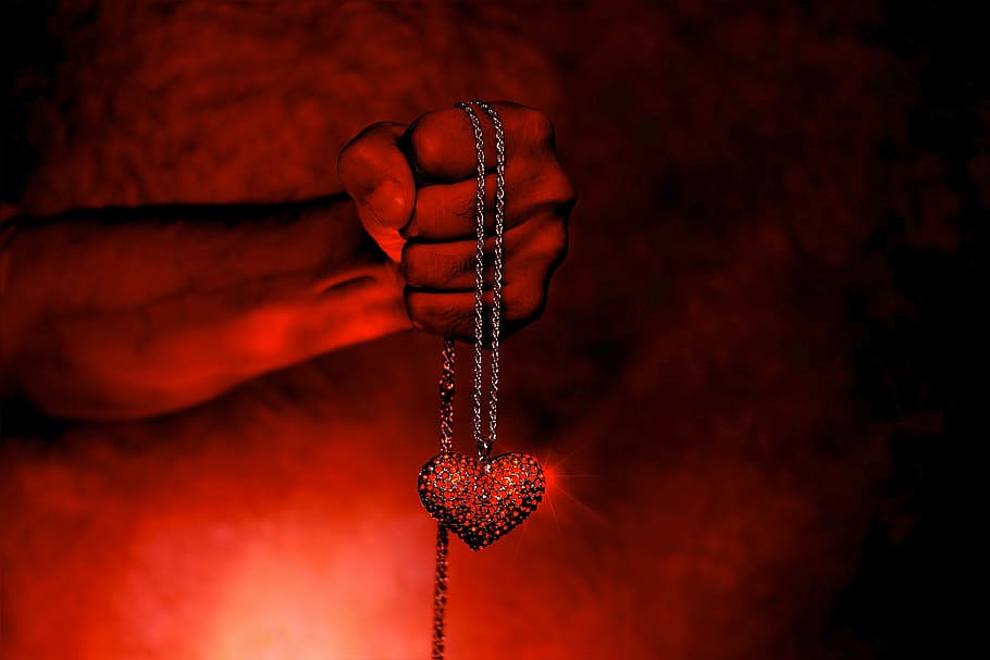 person, holding, red, heart pendant necklace, heart, color, background, the devil, fire, gothic
