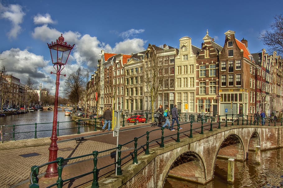 three, people, walking, bridge, sigh, venice, amsterdam, keizersgracht, netherlands, town