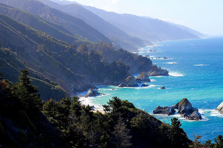 montaña, océano, big sur, california, pacífico, costa, paisaje, unidad, escénico, belleza en la naturaleza