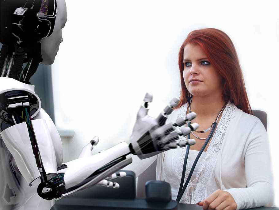 woman, white, cardigan, front, robot, doctor, consulting, office hours, time, photo montage