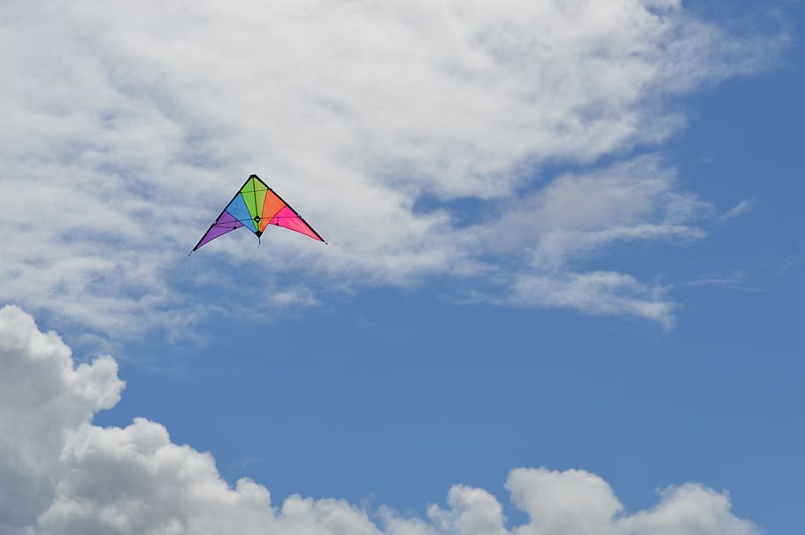 kite, clouds, cirrus, colourful, rainbow, sky, blue sky, cloud - sky, low angle view, flying
