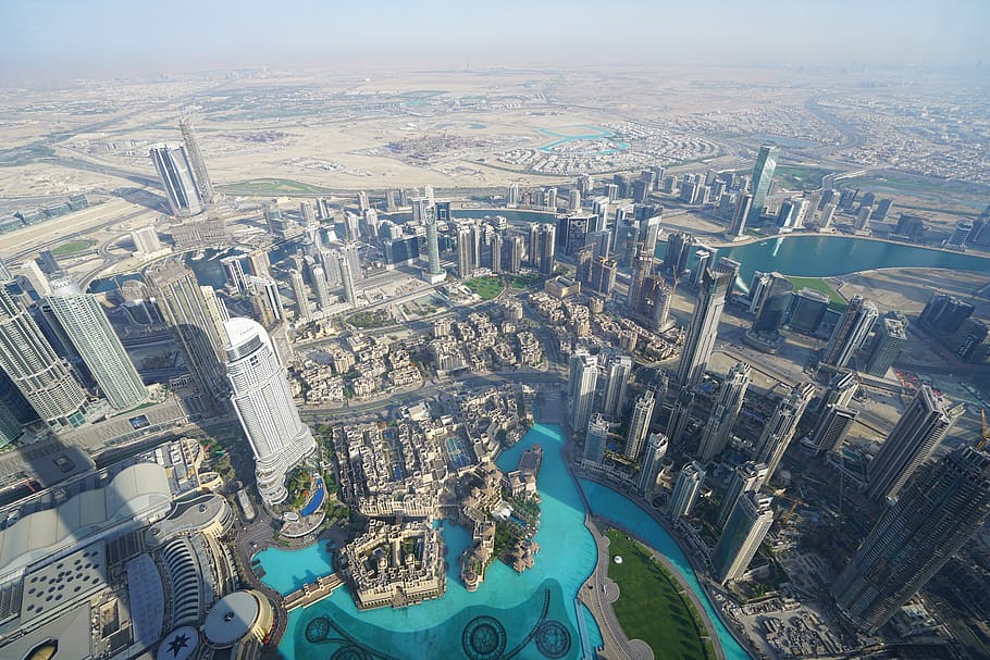 dubai, burj, khalifa, city, modern, emirates, skyline, built structure, aerial view, architecture