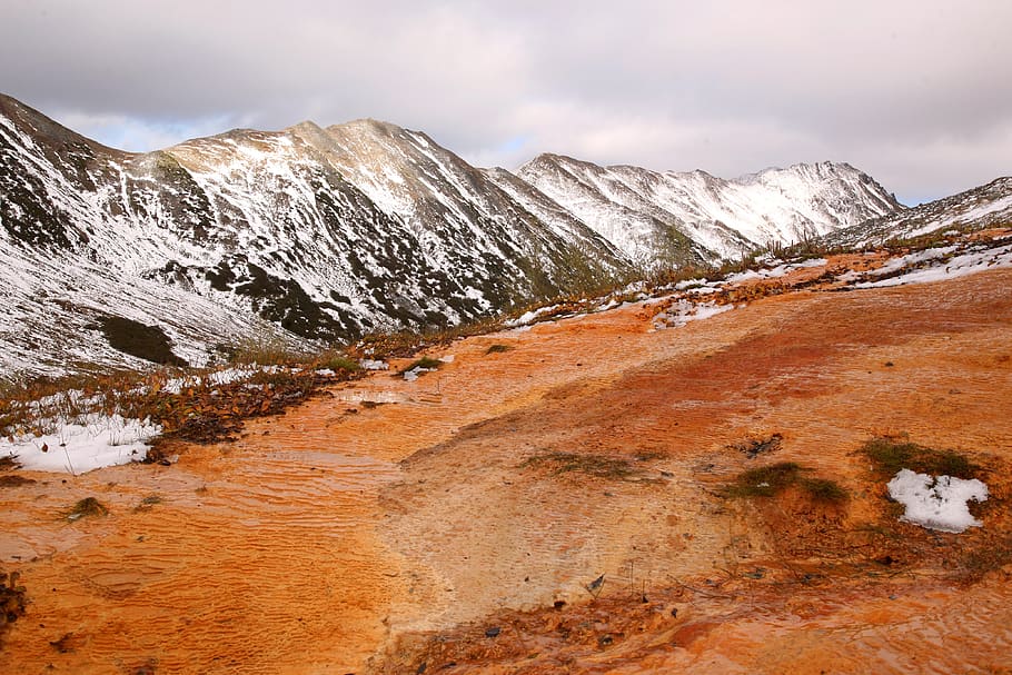 mountains, height, the first snow, source, geyser, rocks, bad weather, snow, slopes, nature