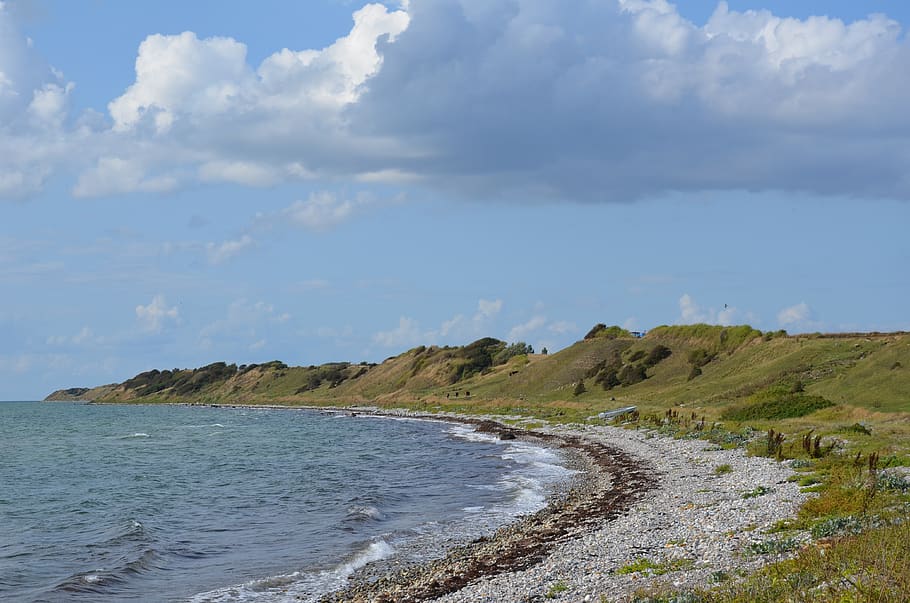 denmark, island, coast, beach, cliff, aero, baltic sea, bank, blue, view