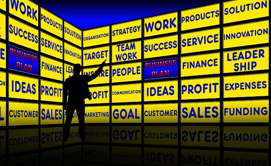 business plan, monitor wall, presentation, business, man, silhouette, show, screen wall, organization, strategy