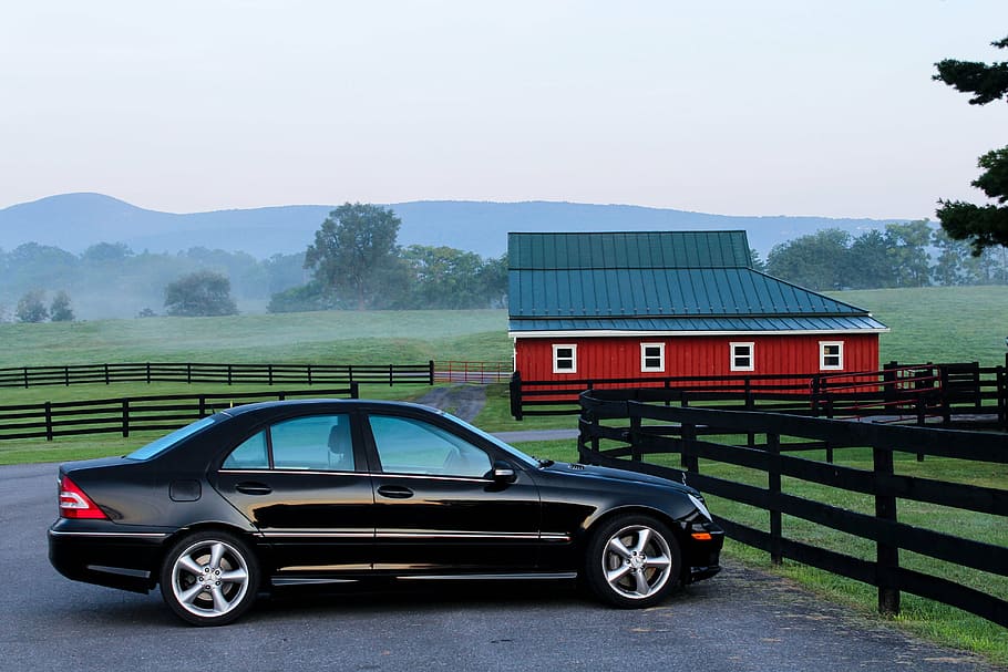 black, sedan, parked, concrete, ground, red, barn house, automobile, car, barn