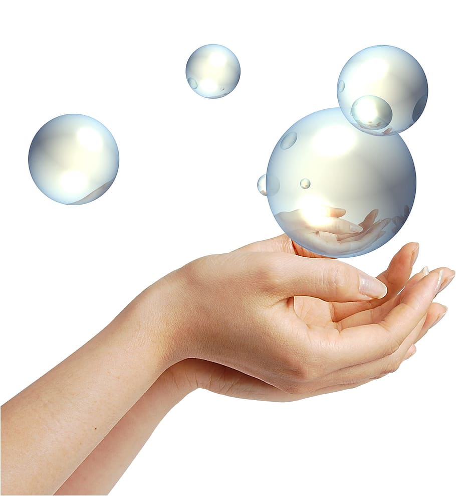 persona, tenencia, Burbujas foto, manos, soplar, bolas, burbuja de jabón, cristal, vaso, reflejar