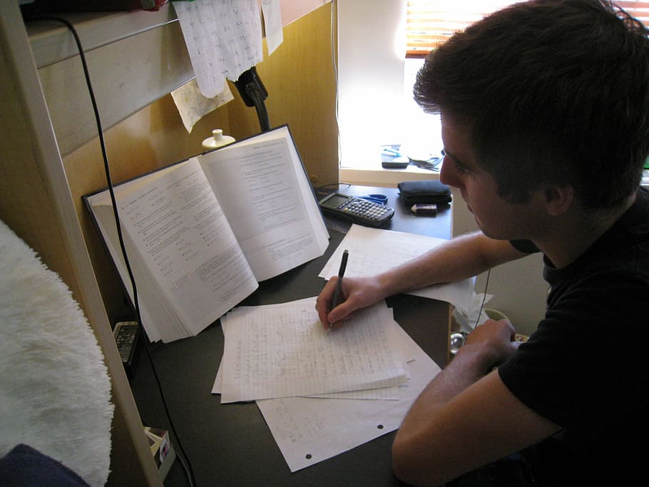 man, wearing, shirt, holding, pen, student, concentrated, preparation, exams, revisions