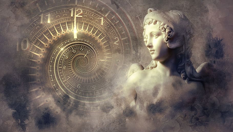 woman statue, fantasy, clock, statue, light, spiral, angel, mystical, composing, photo montage