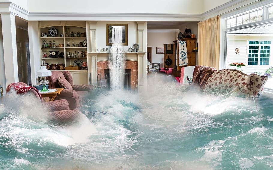 foto, sofá, conjunto, cuerpo, agua, inundación, surrealista, sala, diseño, fantasía