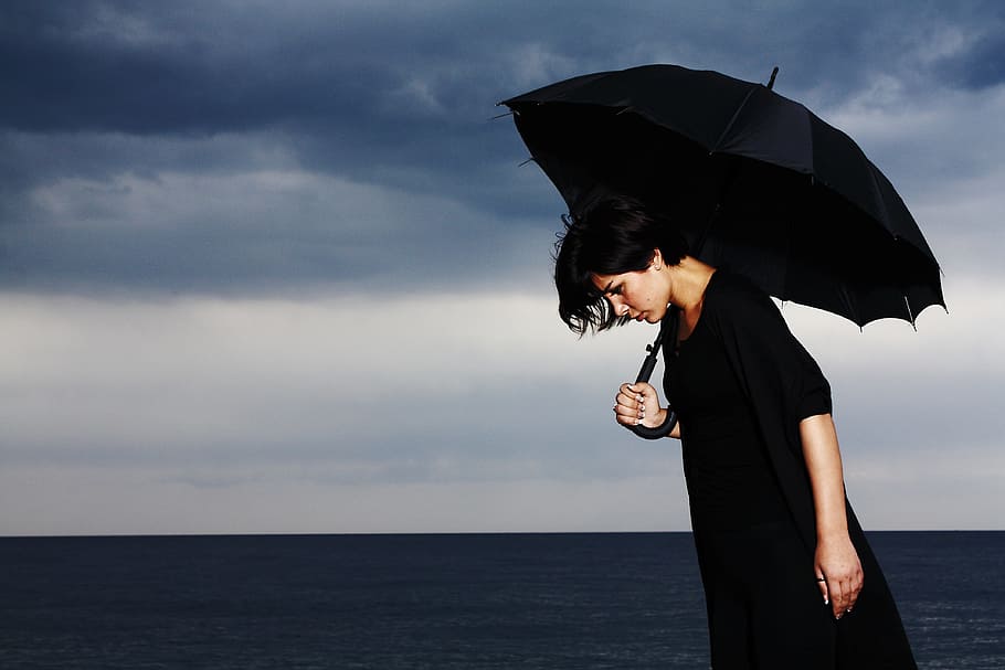 person, black, holding, umbrella, sad, depression, abandoned, portrait, women's, beautiful