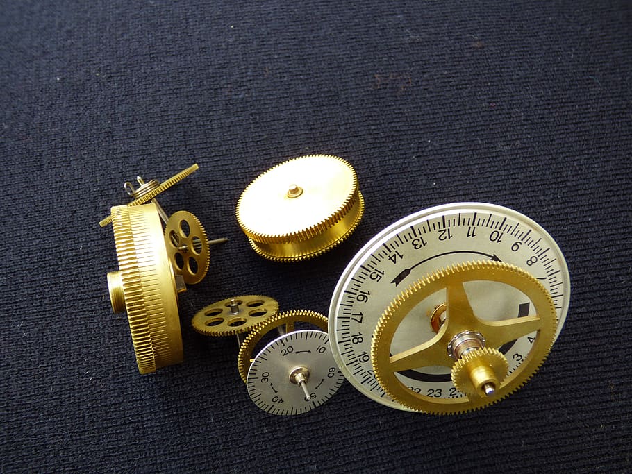 gears, bronze, mechanical, watch, indoors, still life, high angle view, close-up, table, instrument of measurement