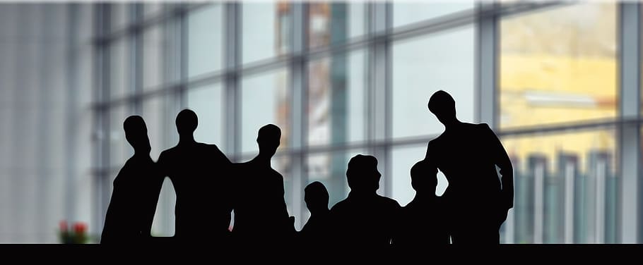 silhouette, people, behind, glass panel window, businessmen, team, group, cooperation, personal, woman