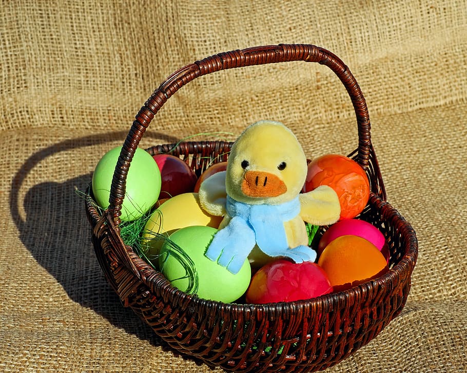 yellow, chick, plush, toy, black, wicker picnic basket, easter theme, easter, figure, chicken