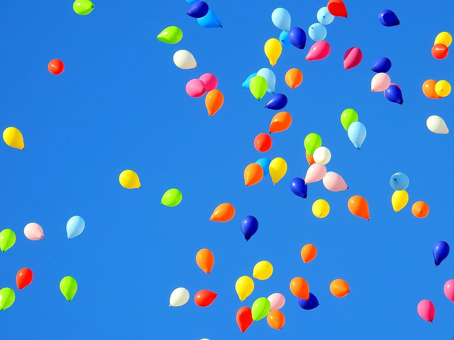 balon aneka warna, mengambang, langit, balon, pesta, karnaval, bergerak, ulang tahun, pernikahan, perayaan