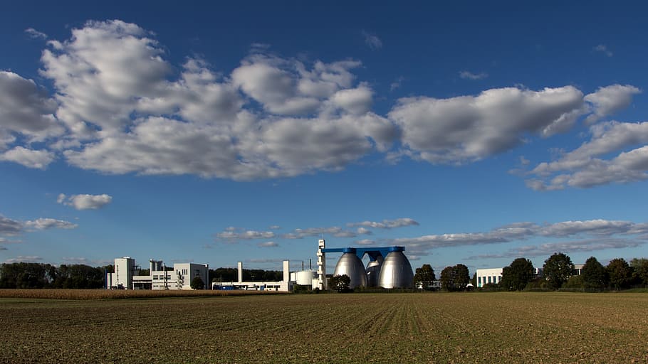 landscape, clouds, chemical plant, panorama, arable, cloud - sky, sky, built structure, architecture, field