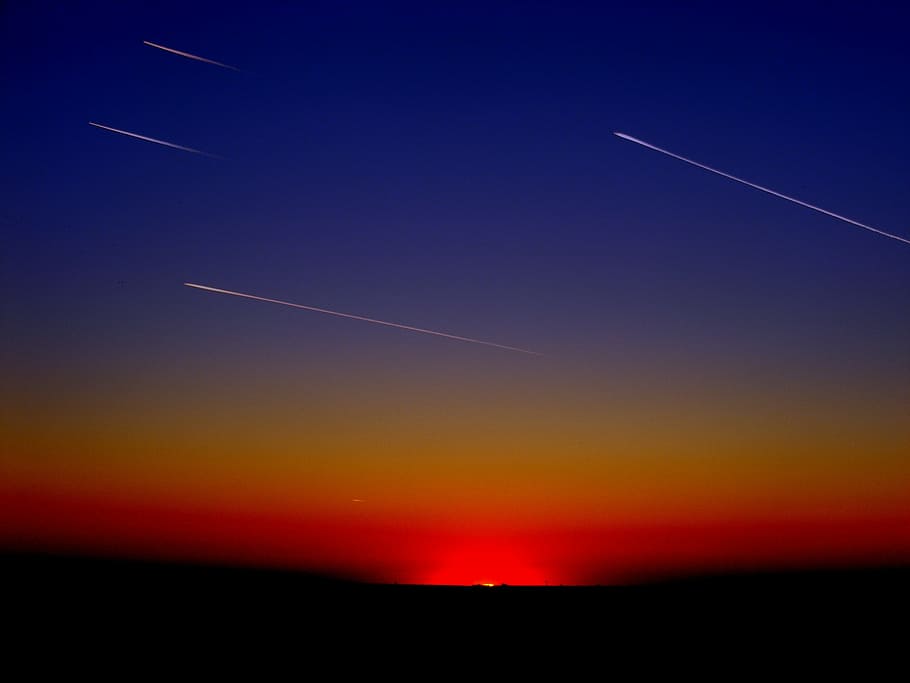 shooting stars photo, sunset, streaming, planes, stripes, flying, sky, cloud, meteorites, comets