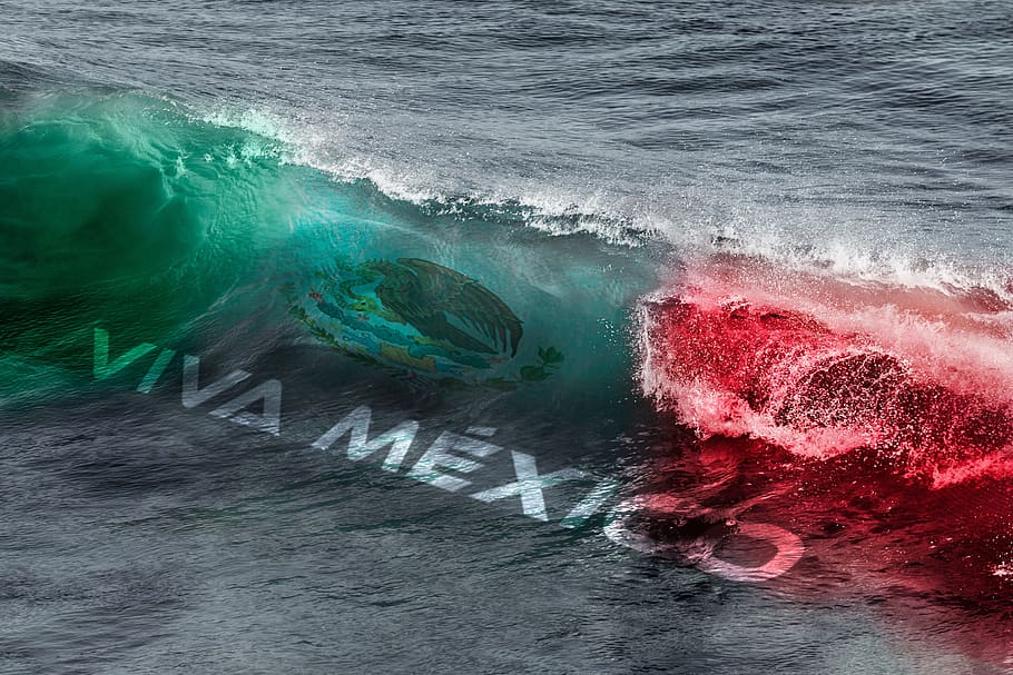 mexico, viva mexico, independence day, mexican flag, flag of mexico, mexican revolution, sea, waves, water, motion