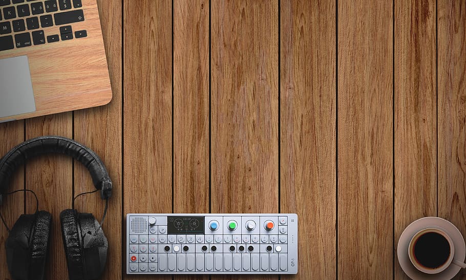 musical background, music, background, wooden background, music instruments, coffee, headphone, op1, macbook, wood - material