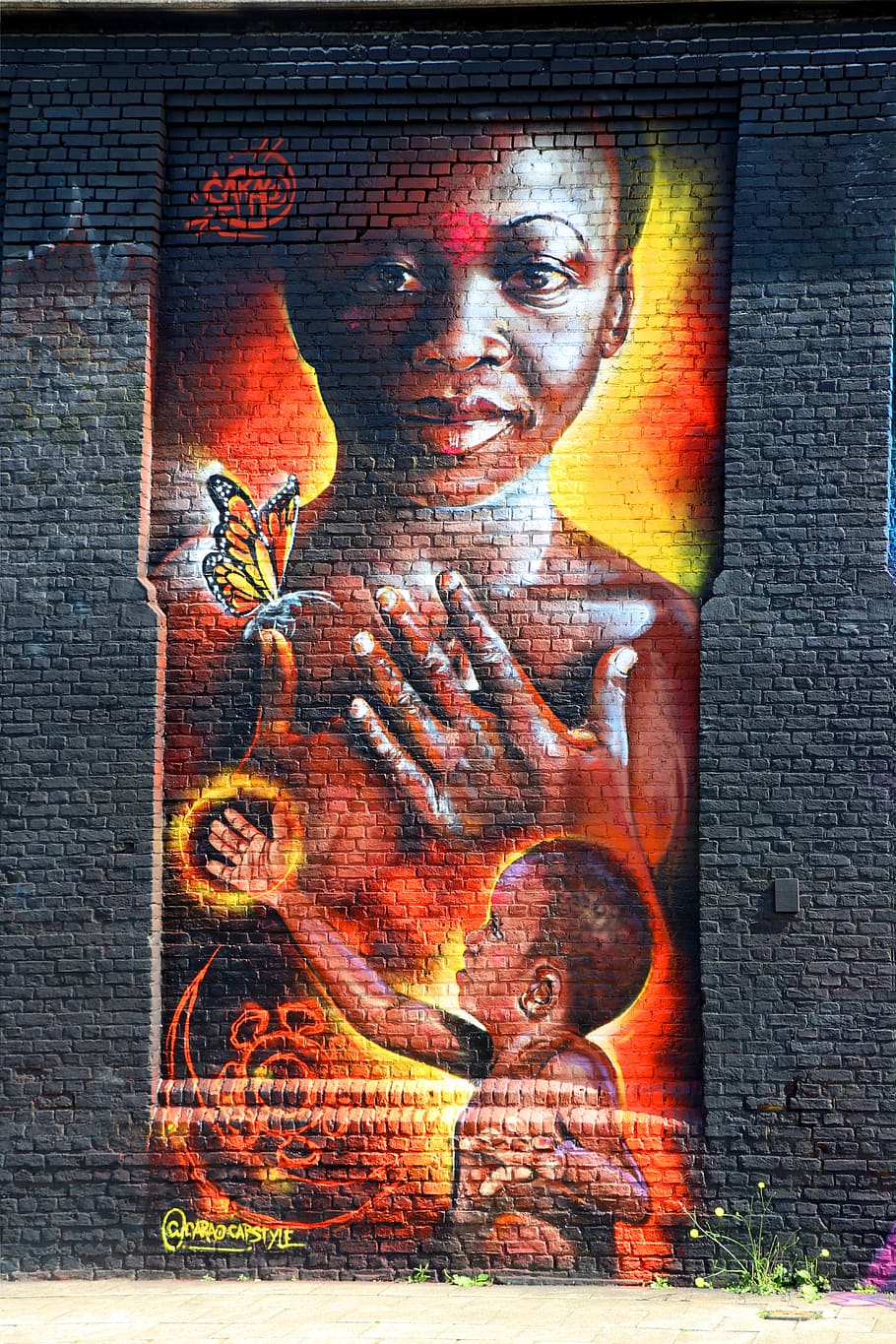 graffiti, arte callejero, arte, mural, arte de graffiti, pared de graffiti, África, mujer, niño, mariposa