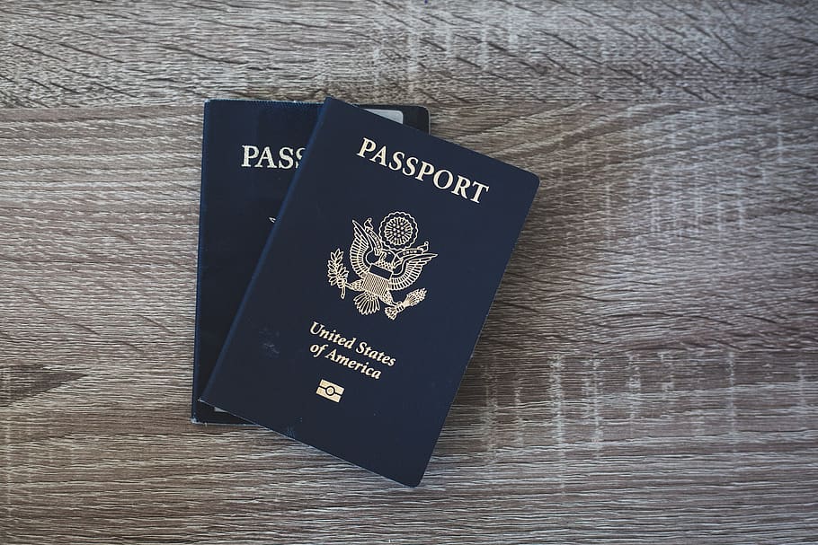 passaporte, mesa, viagem, close-up, postura plana, madeira, americana, documento, cidadão, conceito