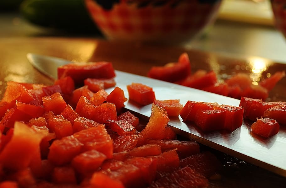 red peppers, vegetables, food, knife, chef, kitchen, table, food and drink, freshness, indoors
