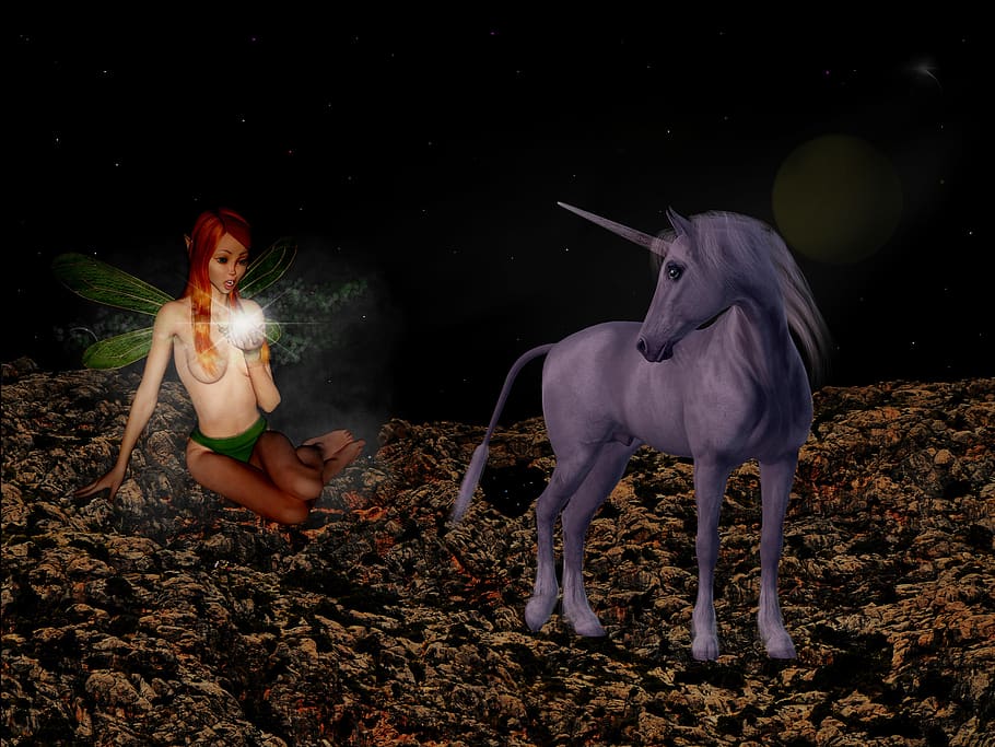 unicorn, mythical creatures, fantasy, night, land, real people, nature, field, people, child