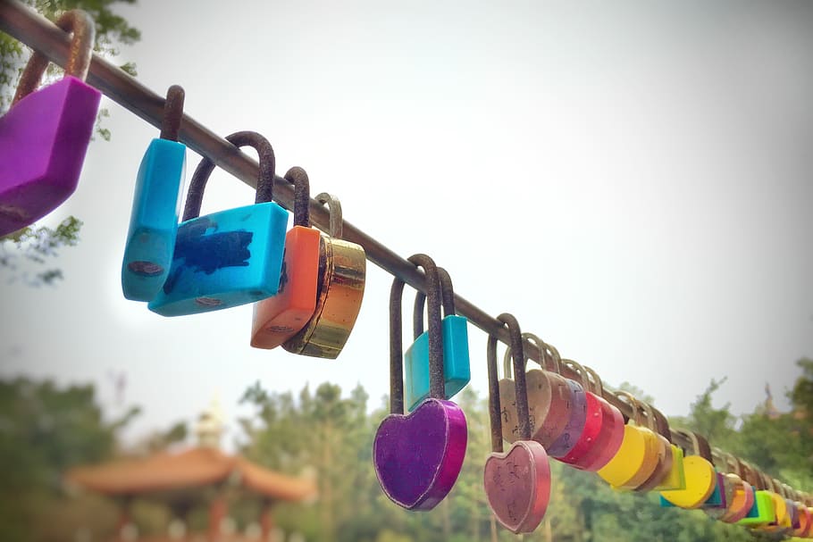 Love lock, multicolored padlock lot, hanging, safety, focus on foreground, security, protection, sky, day, nature