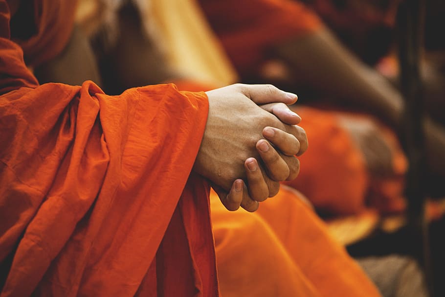 monk, holding, hands, blur, buddhism, ceremony, clasp hands, close-up, daylight, garment