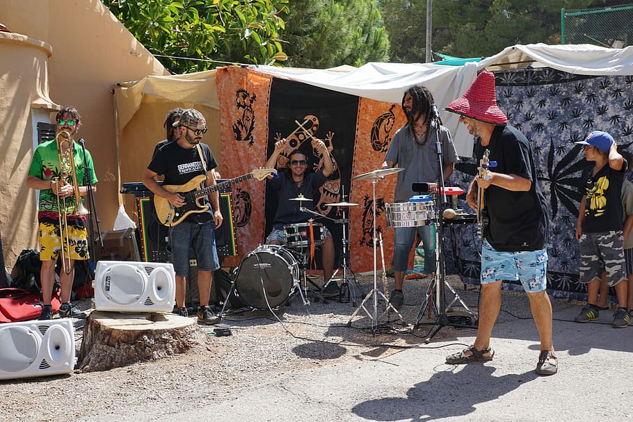 Band, Musik, Pria, Ibiza, Pasar, musisi, kesenangan, kegembiraan, menurut, pasar hippy
