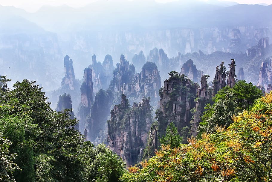 zhangjiajie, landscape, travel, mountain, superb view, peaks, people's republic of china, tree, plant, beauty in nature