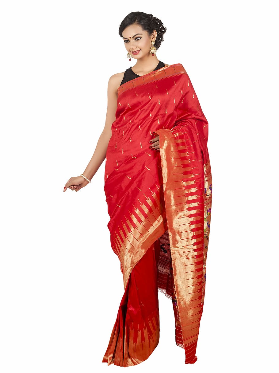 mulheres, preto, vermelho, laranja, vestido shalwar kameez, paithani saree, seda paithani, mulher indiana, moda, modelo