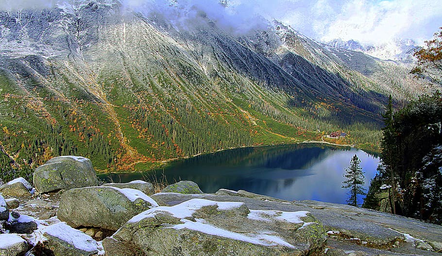mountains, morskie oko, poland, landscape, beauty in nature, scenics - nature, tree, mountain, water, tranquil scene