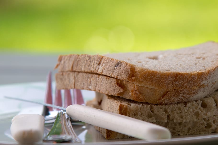 slice, breads, white, ceramic, plate, Bread, Knife, Fork, Eat, Breakfast, bread