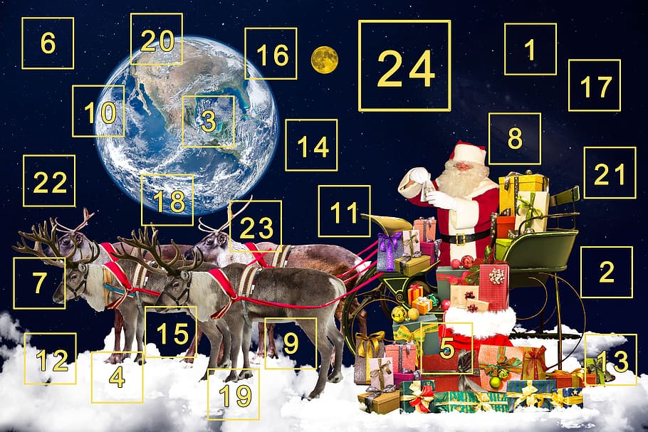 santa claus, earth illustration, advent calendar, advent, gifts, surprise, nicholas, door, christmas, emotions