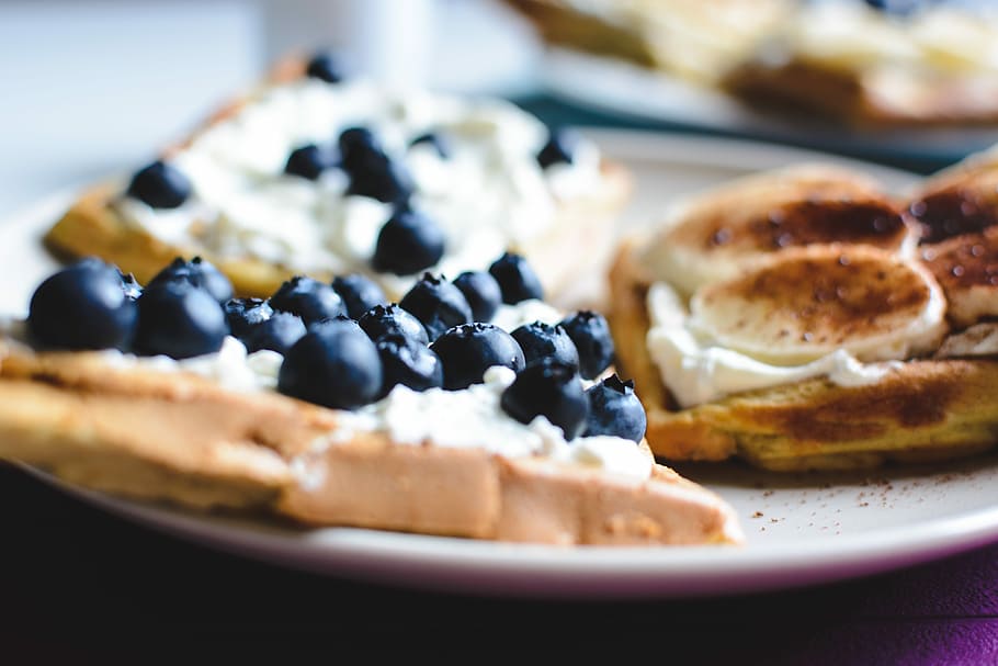 bluberries waffle, close, waffle, close up, banana, blueberries, breakfast, colorful, dessert, food