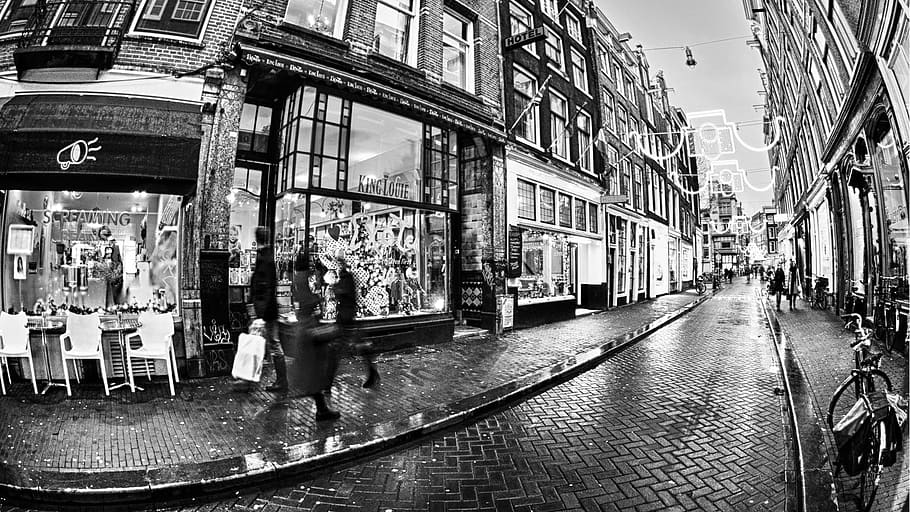 vintage background, travel, amsterdam, street, movement, rain, black And White, architecture, urban Scene, city