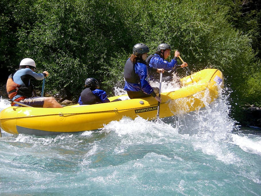 group, people rafting, high, current, water, rafting, pucon, river, adventure, boat
