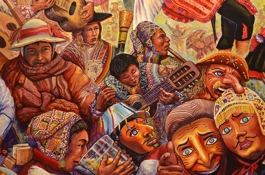 painting, people illustration, peru, cusco, drawing, paint cusco, drawing cusco, masks, cusco festival, cusco carnivals