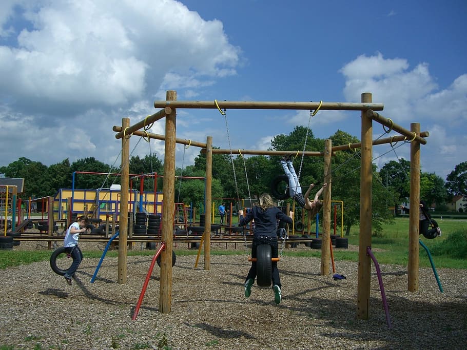 children's playground, langenau, fun arena, tire swing, sky blue, clouds, playground, child, outdoors, people