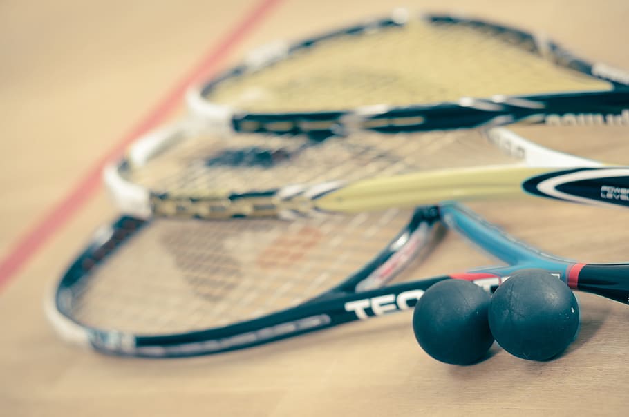 three, tennis rackets, two, balls, squash, sport, man, game, racket, ball