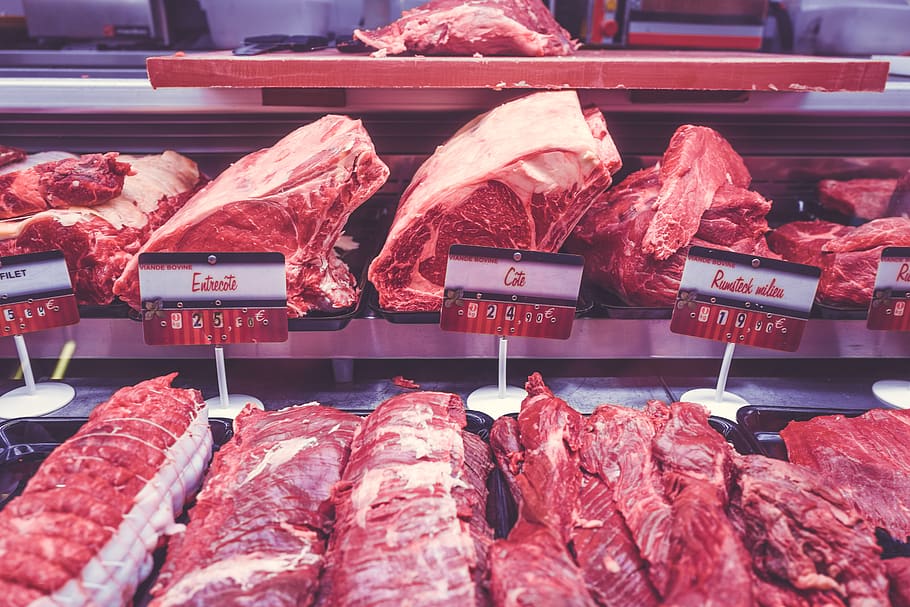 meat, beef, pork, butcher, market, food, retail, food and drink, freshness, for sale