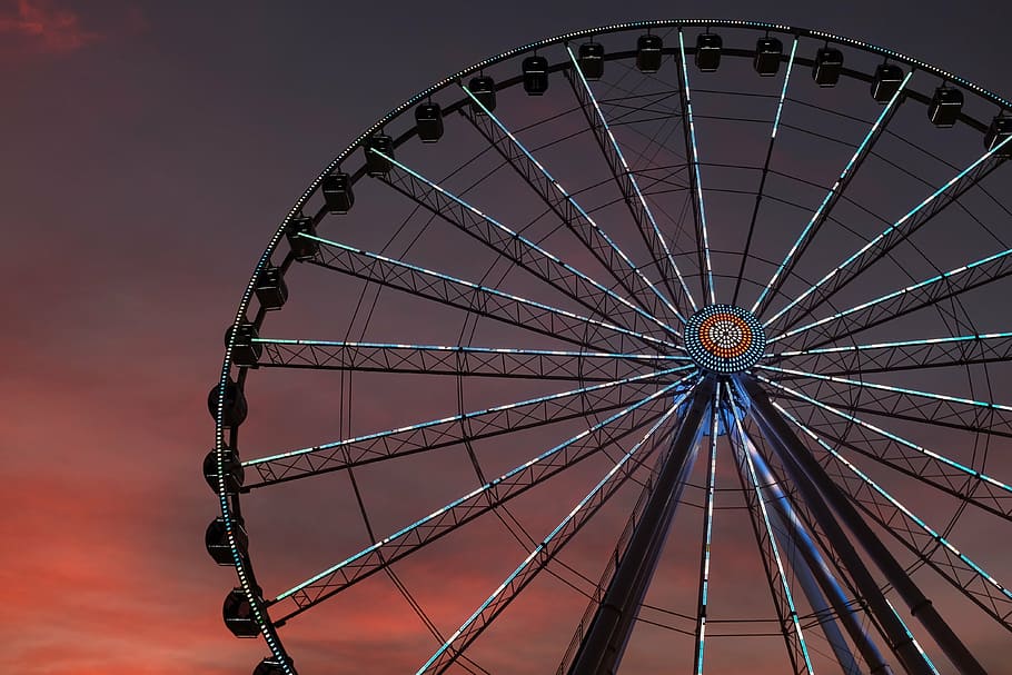 lit ferris wheel, amusement, park, ride, adventure, metal, wheel, sunset, clouds, sky