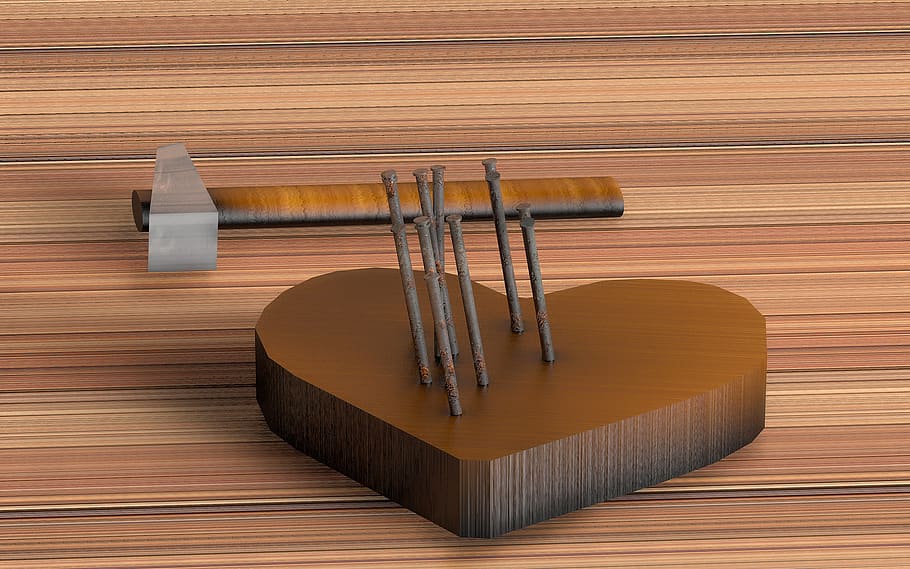 heart, hammer, nails, wood, woods, furniture, empty, wood - material, indoors, table