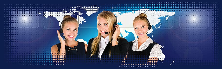 tiga, wanita, headset, call center, layanan, konsultasi, informasi, bicara, benua, global