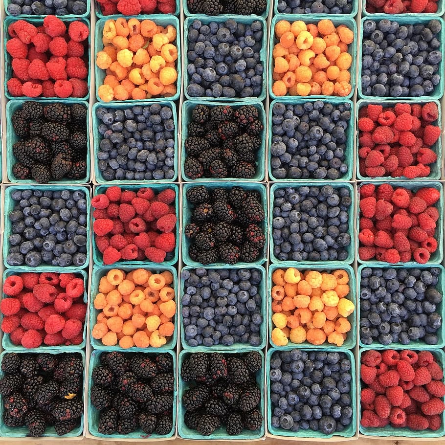 ягоды ассорти, ягоды, черника, ящики, еда, шелковица, малина, разноцветные, вариация, изобилие