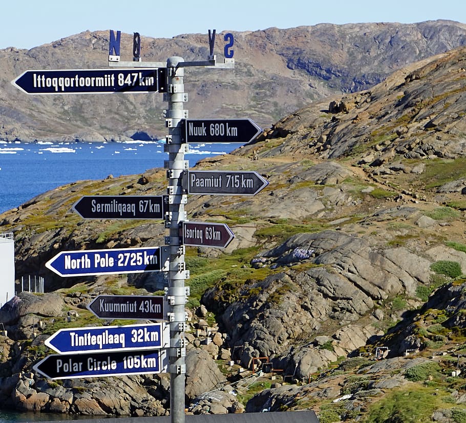 shield, distance, km, mileage, greenland, information boards, signposts, text, sign, communication